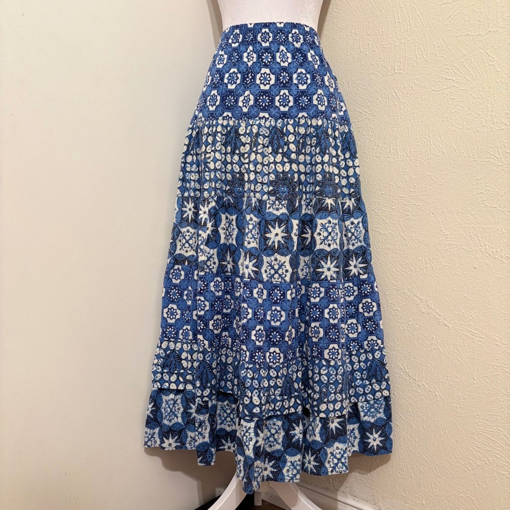 Blue White Geometric Mosaic Print Tiered Ruffle Maxi Skirt Boho Cottagecore XL
